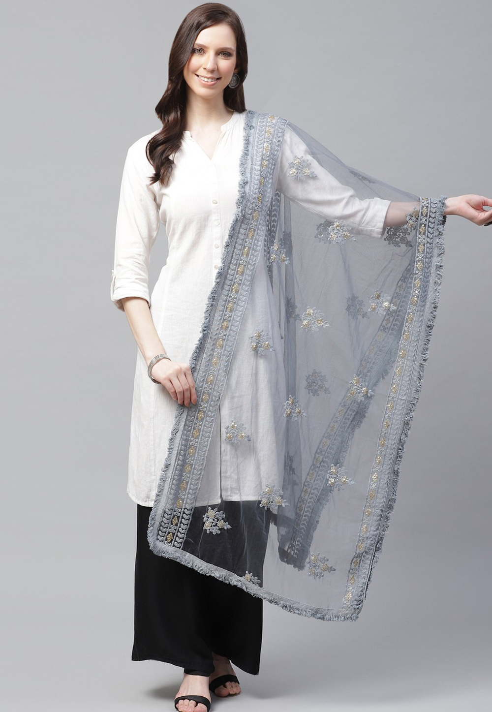 Grey Net Dupatta 208655