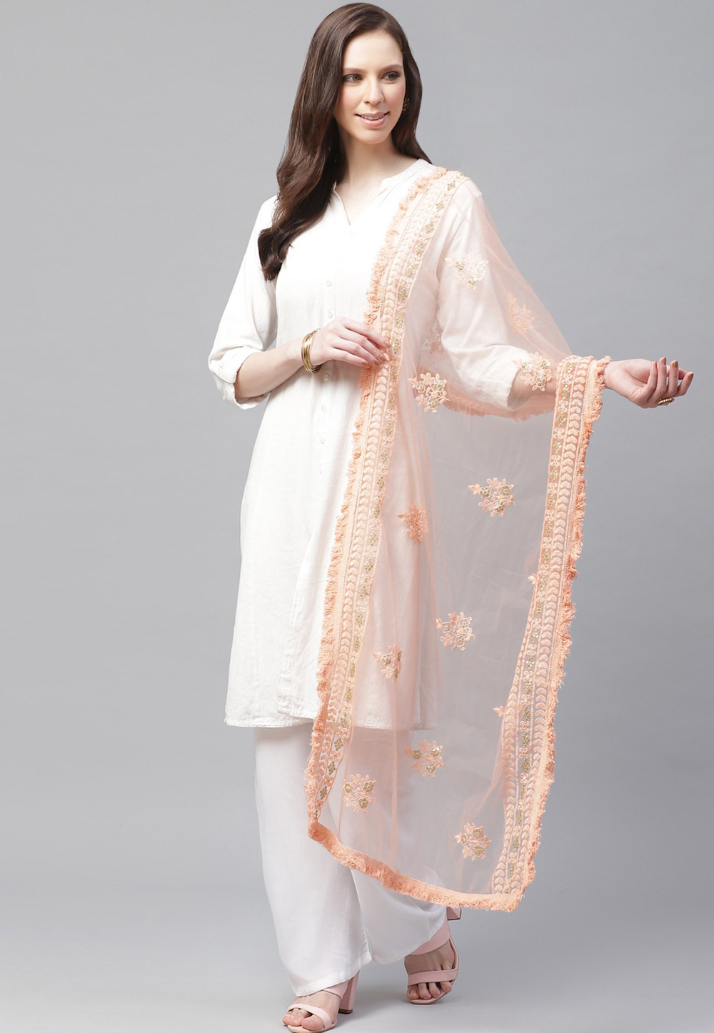Peach Net Dupatta 208657