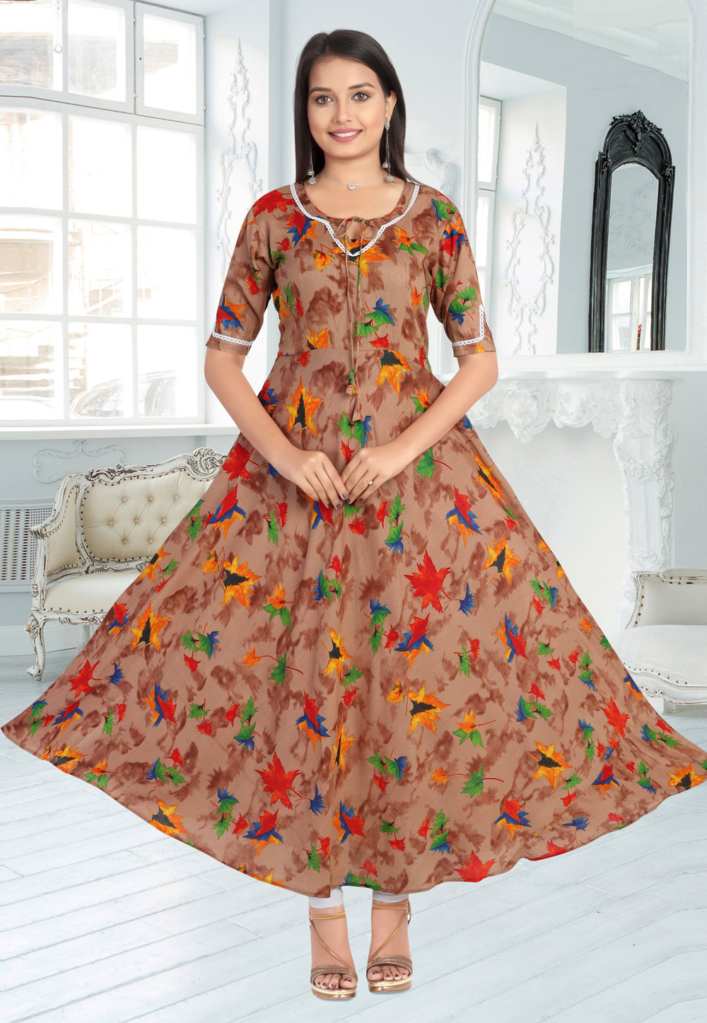 Brown Rayon Printed Flared Kurti 218270