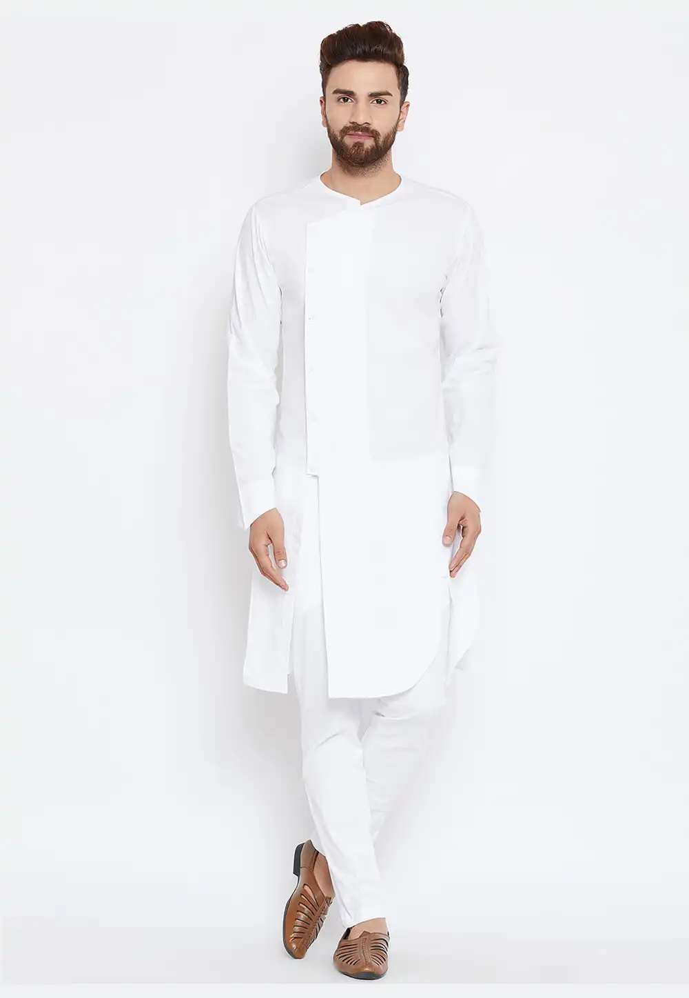 White Cotton Readymade Kurta Pajama 213640