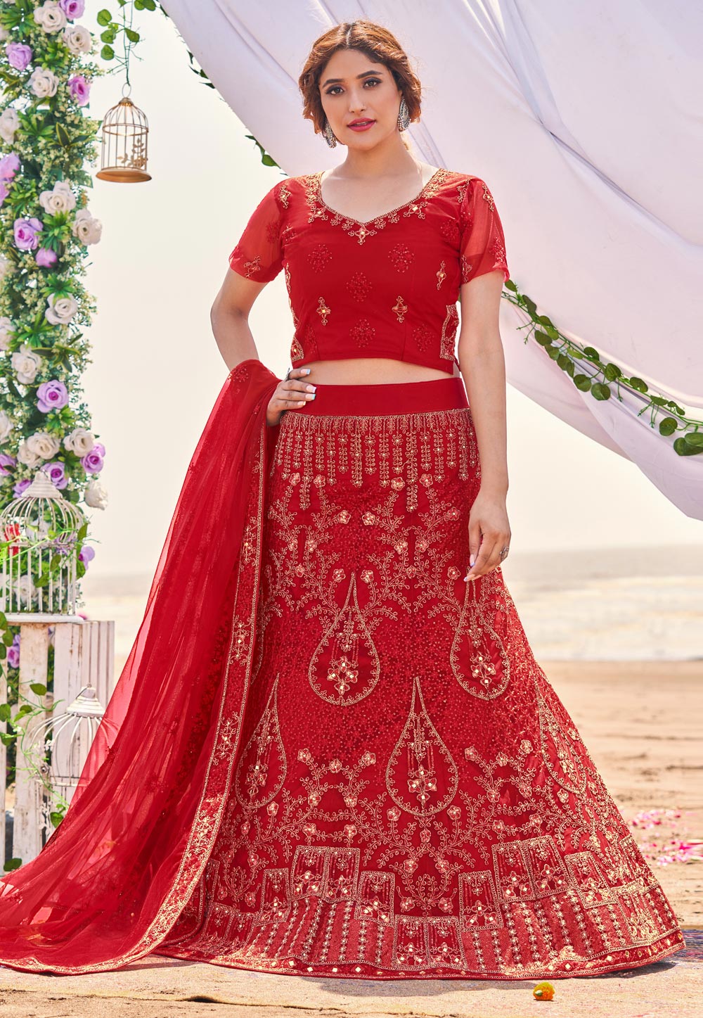 Red Net A Line Lehenga Choli 252836