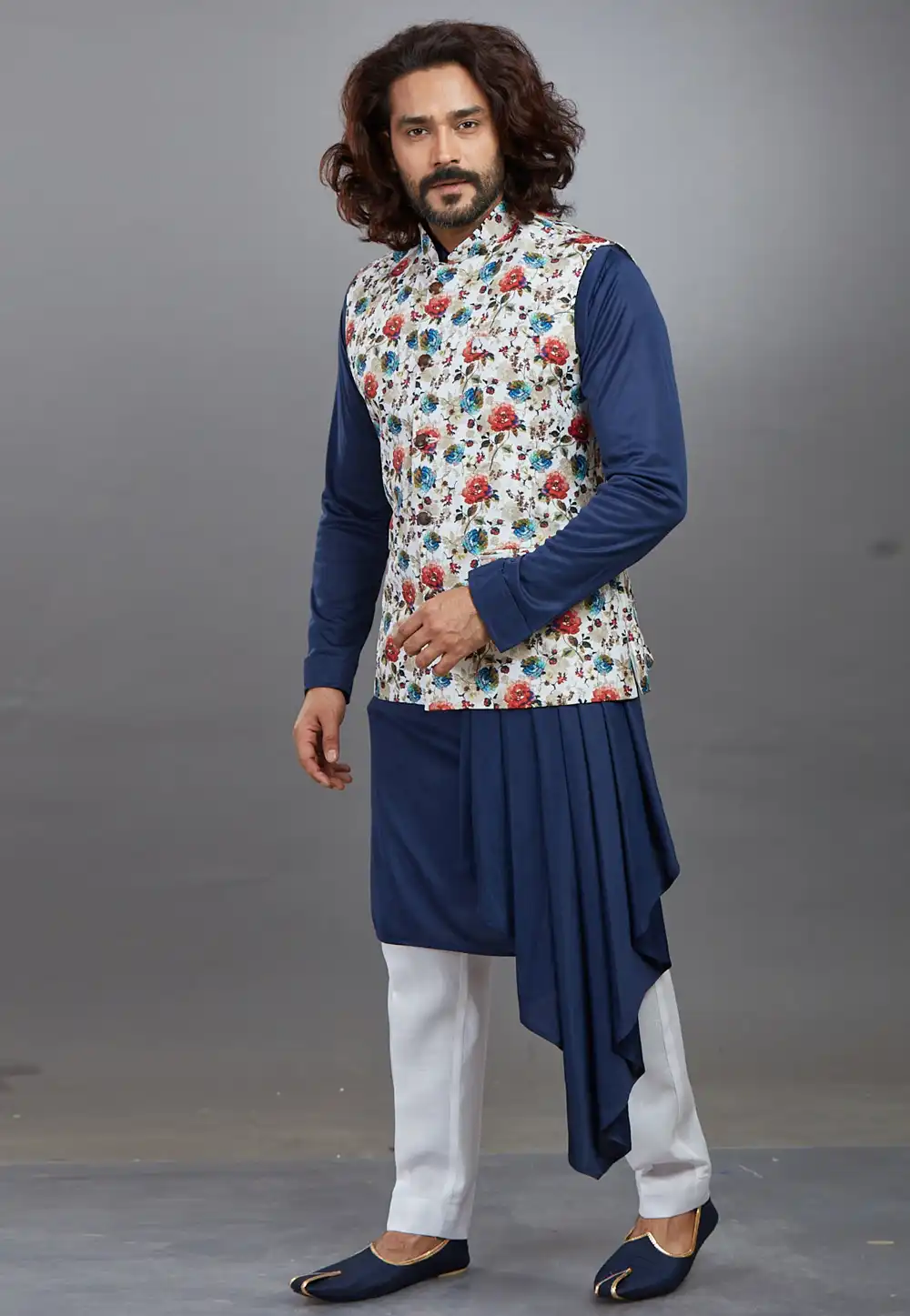 Navy Blue Lycra Readymade Kurta Pajama With Jacket 208557