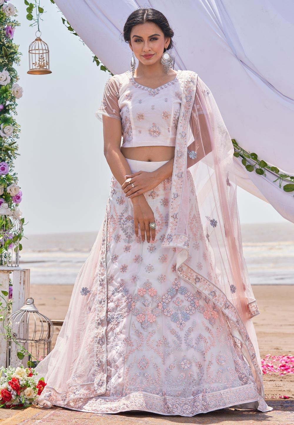 White Net A Line Lehenga Choli 252837