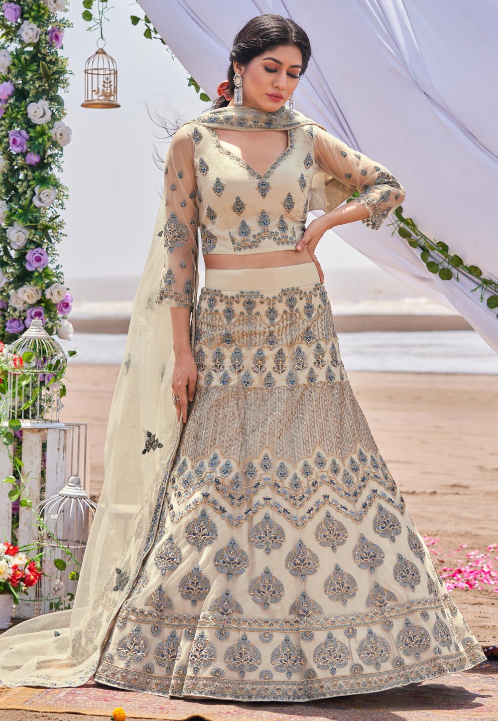 Beige Net A Line Lehenga Choli 252838