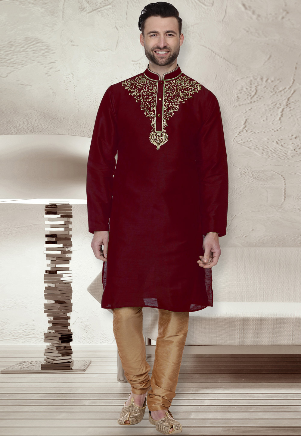 Maroon Dupion Silk Readymade Kurta Pajama 203902