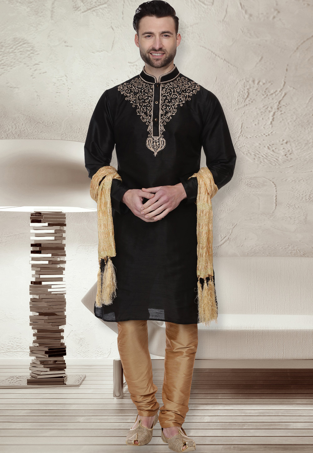 Black Dupion Silk Readymade Kurta Pajama 160963