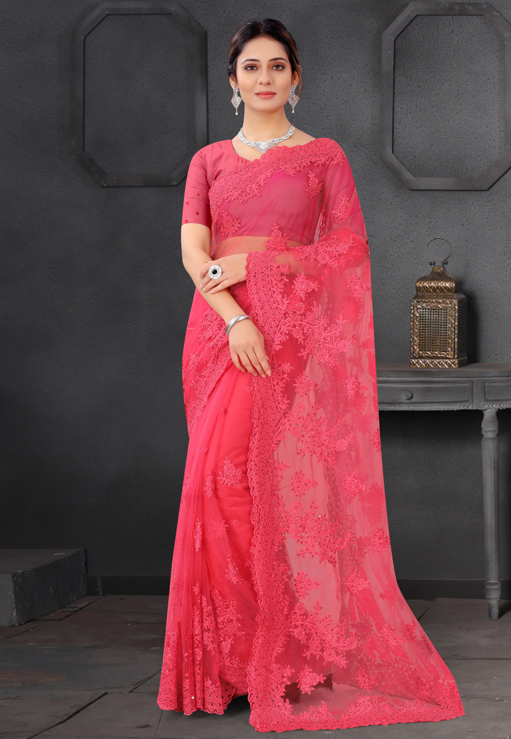Pink Net Festival Wear Saree 234284