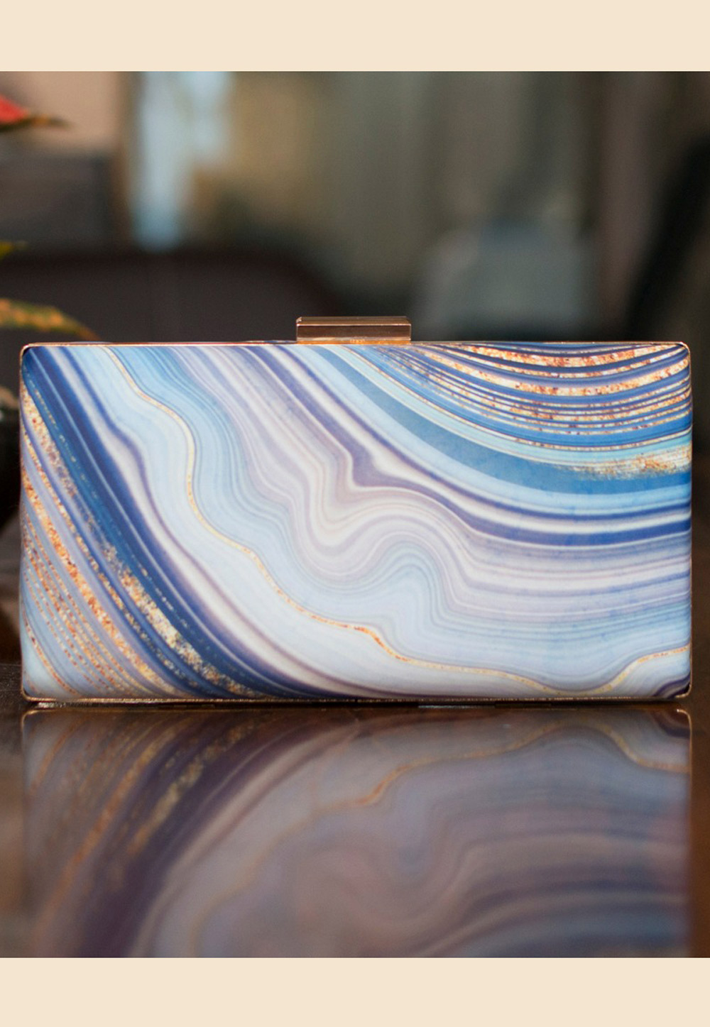 Sky Blue Satin Printed Clutch 209138