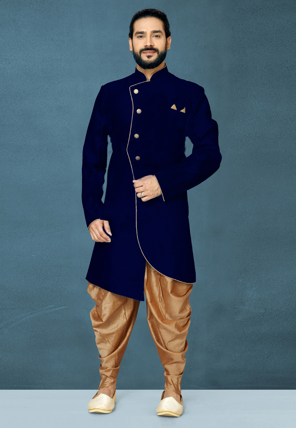 Navy Blue Art Silk Indo Western Suit 244614