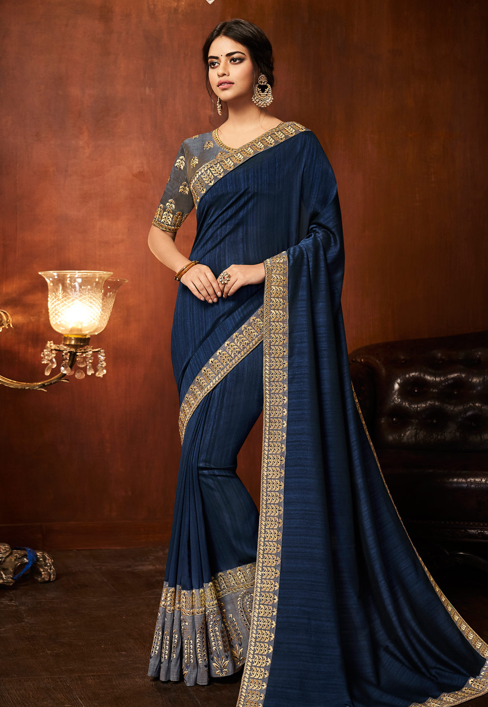 Navy Blue Silk Party Wear Saree 153858