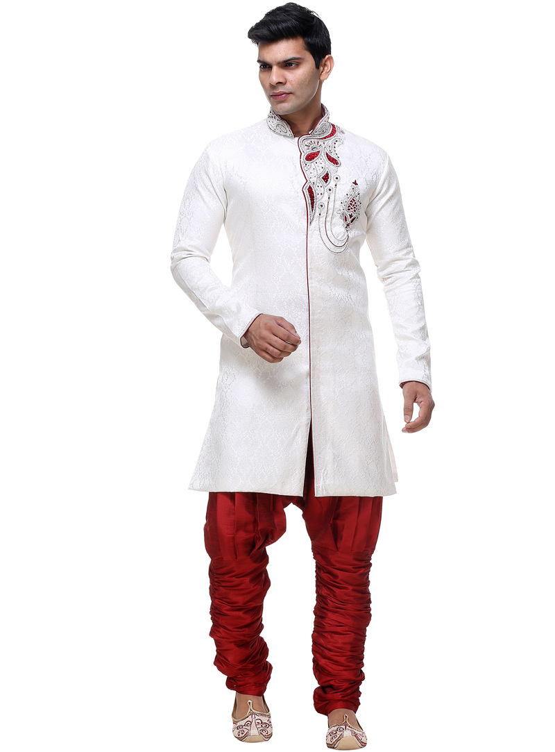 White Brocade Semi Indo Western Sherwani 92845