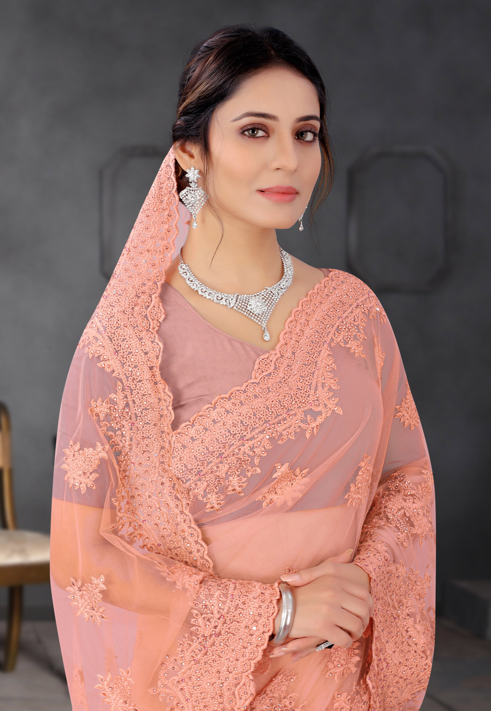 Peach Net Saree With Blouse 234285
