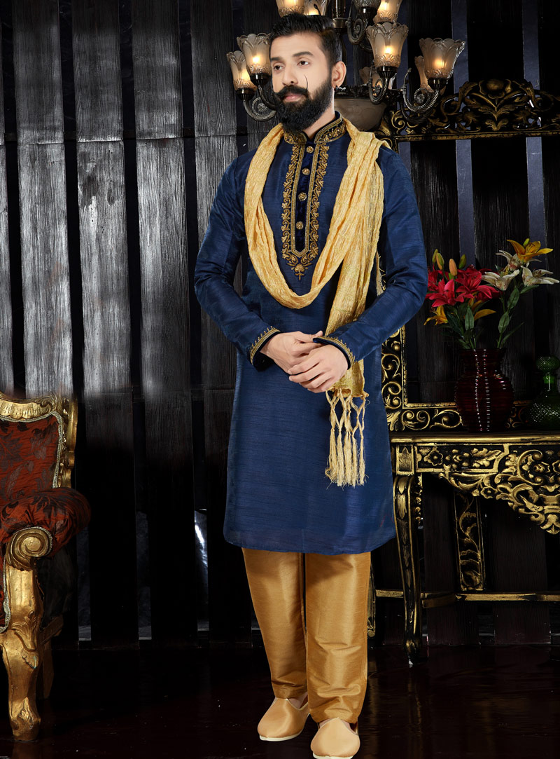 Navy Blue Dupion Readymade Kurta Pajama 97477