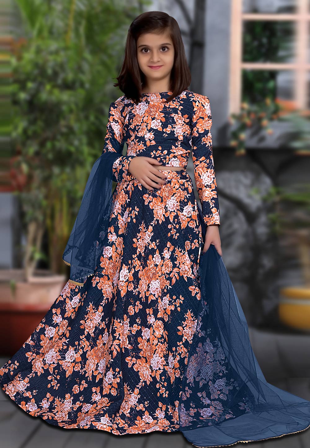 Navy Blue Chinon Silk Kids Lehenga Choli 263900