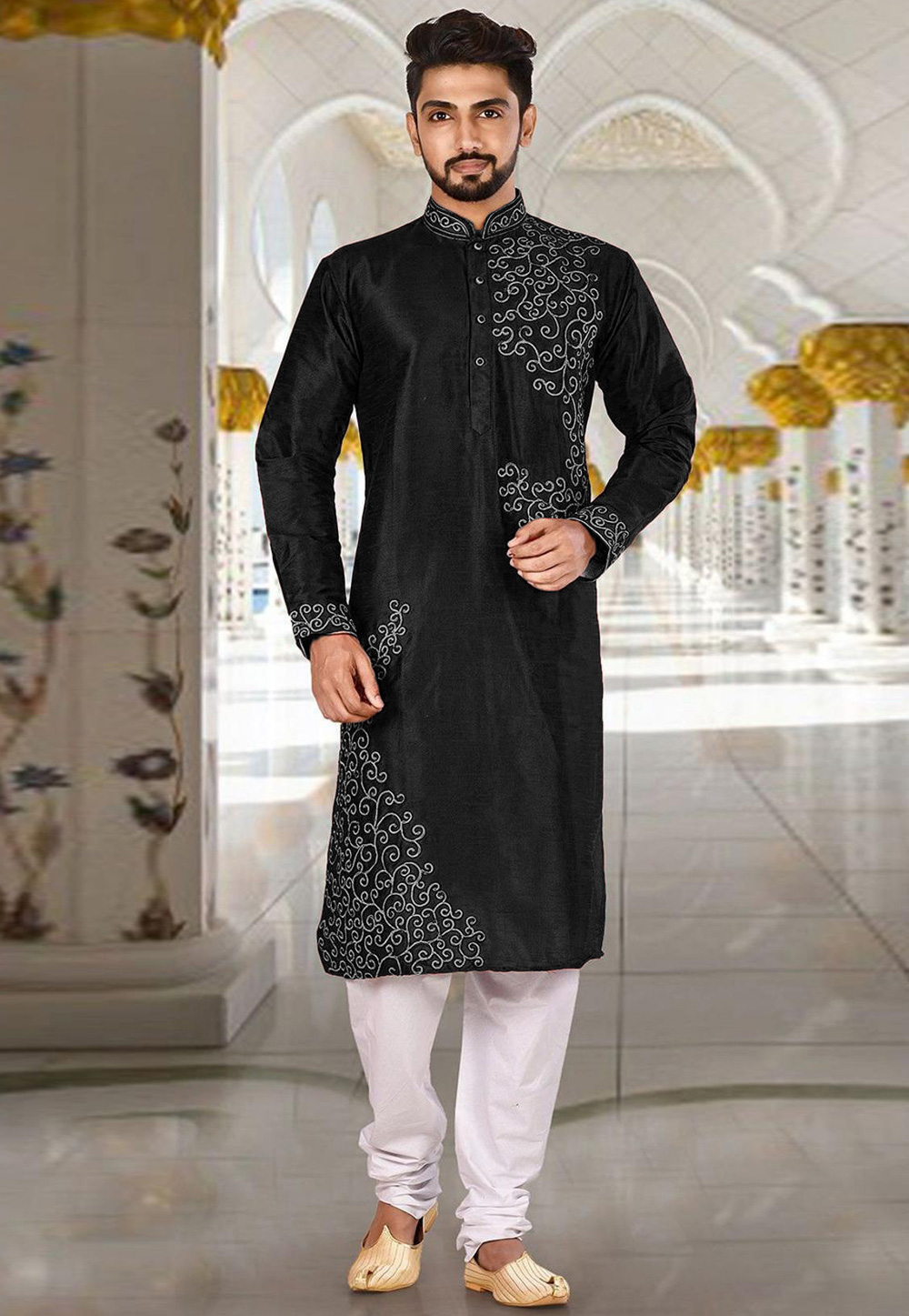 Black Dupion Silk Kurta Pajama 235432