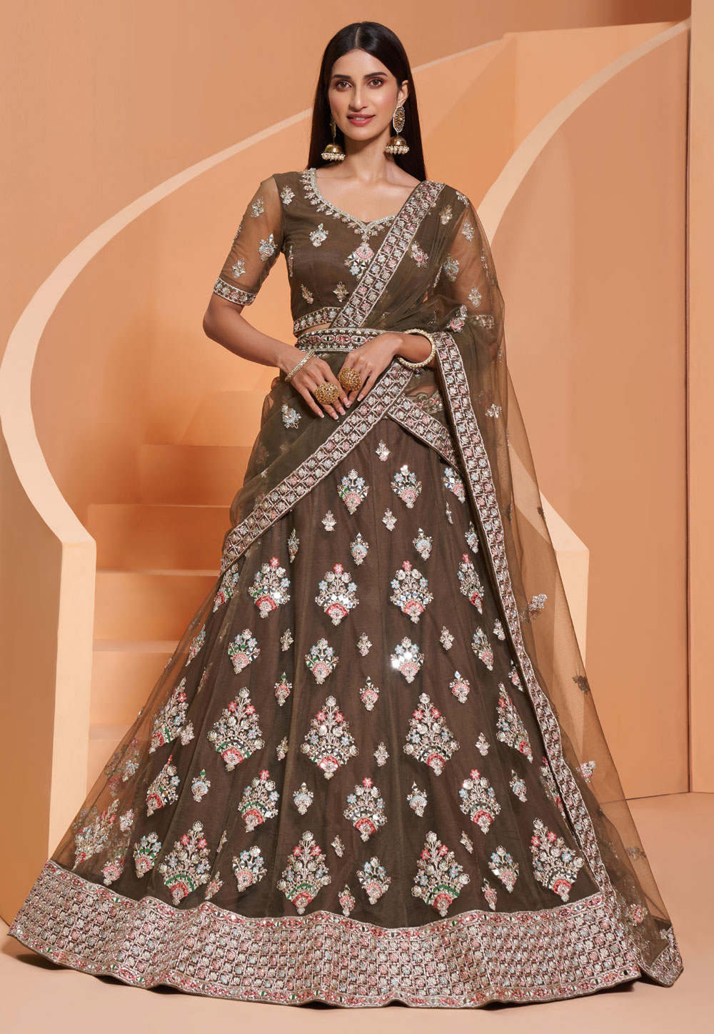 Brown Net Embroidered Lehenga Choli 233989