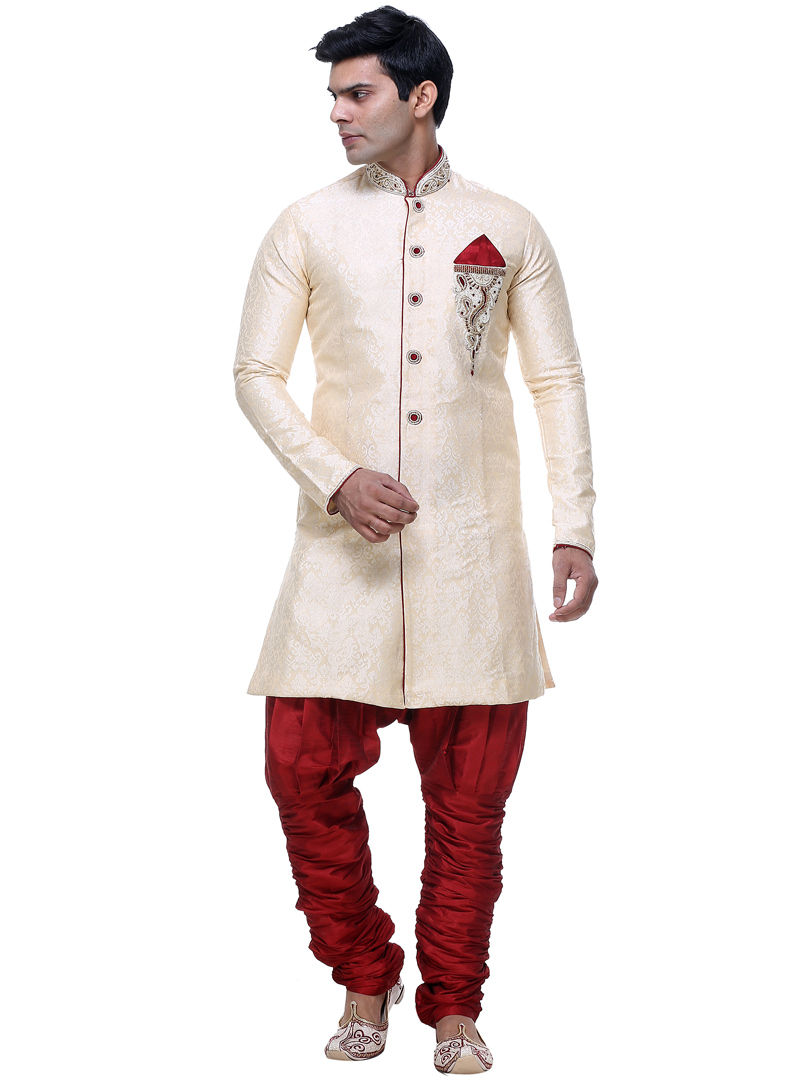 Off White Brocade Semi Indo Western Sherwani 92847