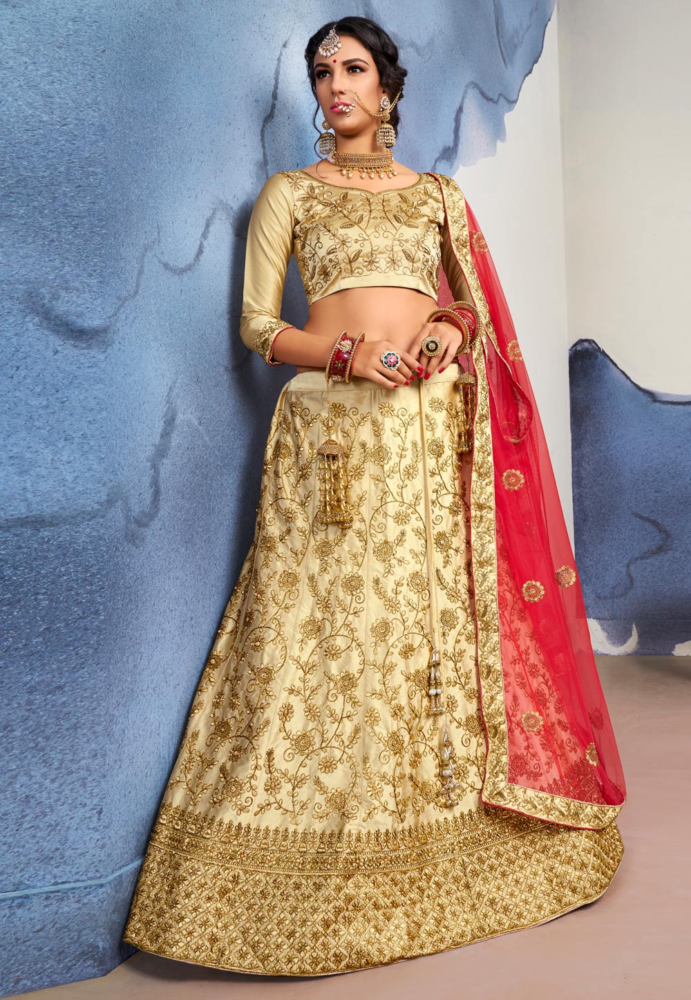 Beige Satin Embroidered Circular Lehenga Choli 174951