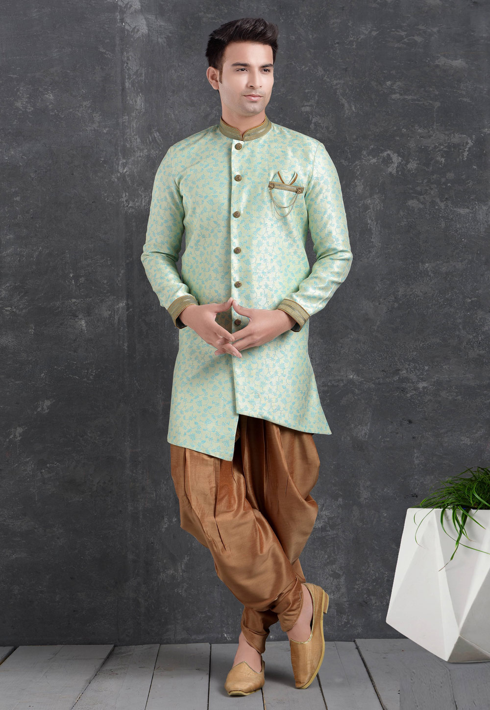 Sky Blue Jacquard Silk Indo Western Suit 222453