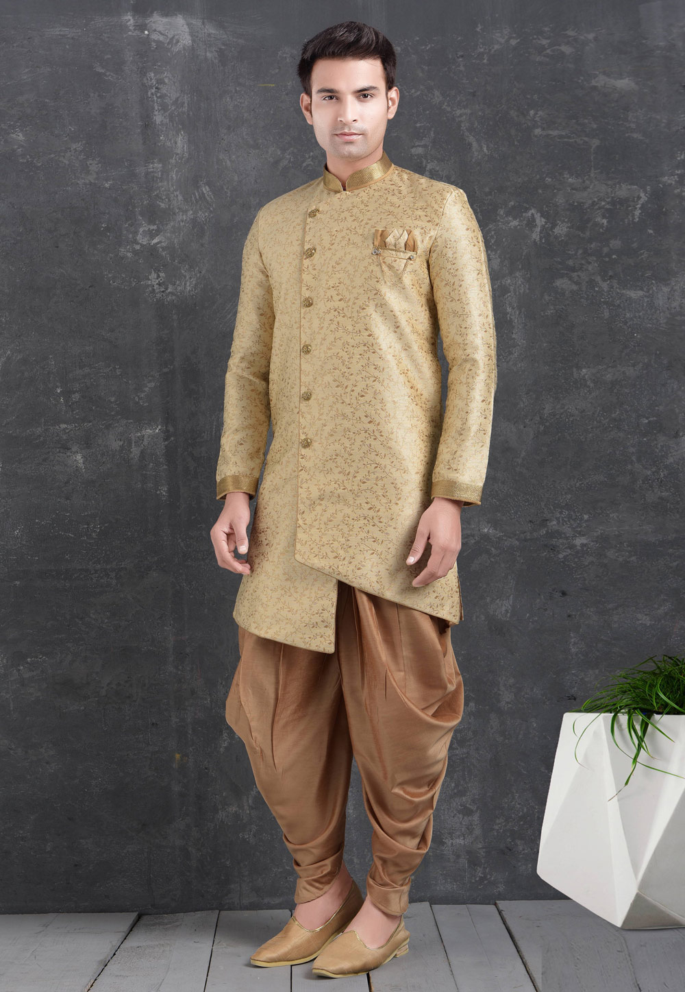 Beige Jacquard Silk Indo Western Suit 222463