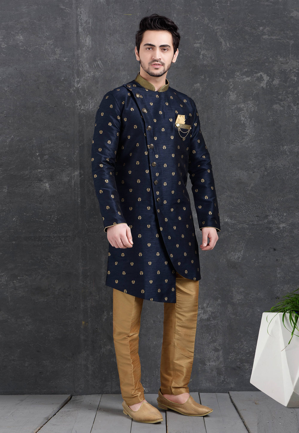 Navy Blue Jacquard Silk Indo Western Suit 222476