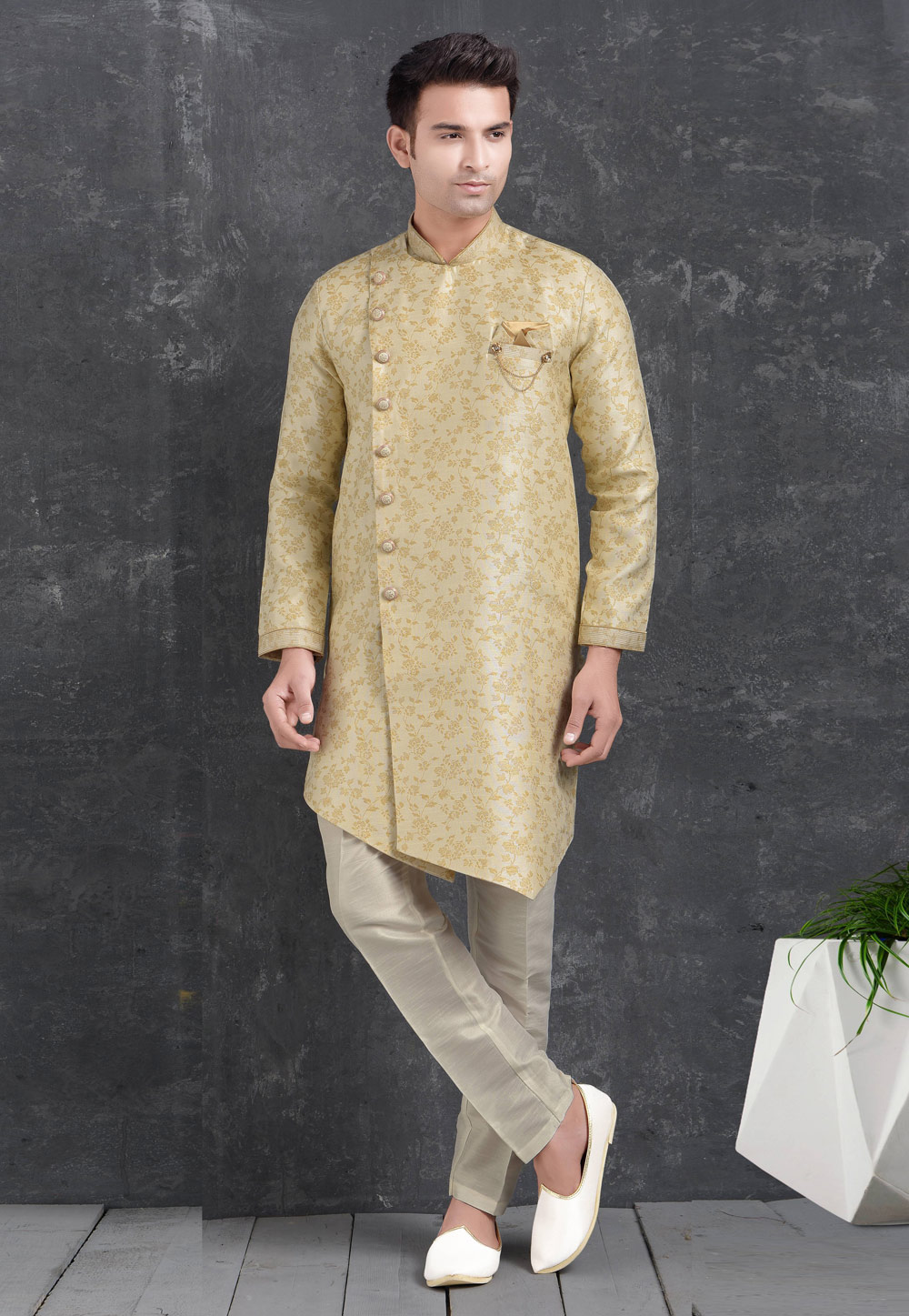 Beige Jacquard Silk Indo Western Suit 222484