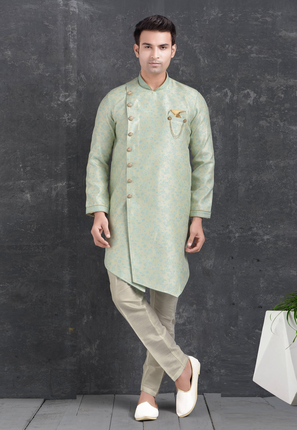 Sky Blue Jacquard Silk Indo Western Suit 222486