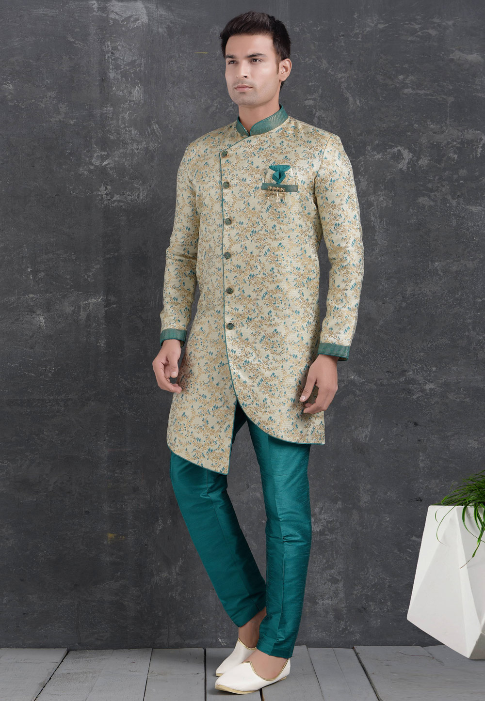 Beige Jacquard Silk Indo Western Suit 222491