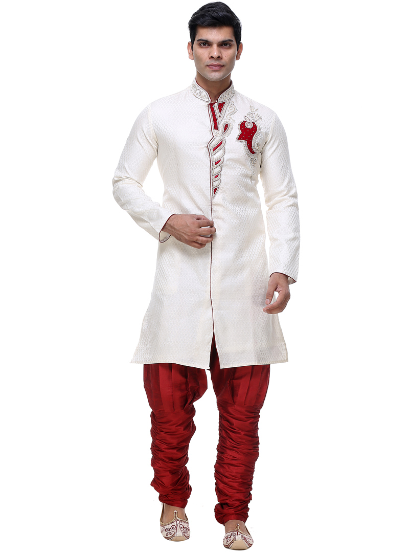 Off White Brocade Semi Indo Western Sherwani 92849