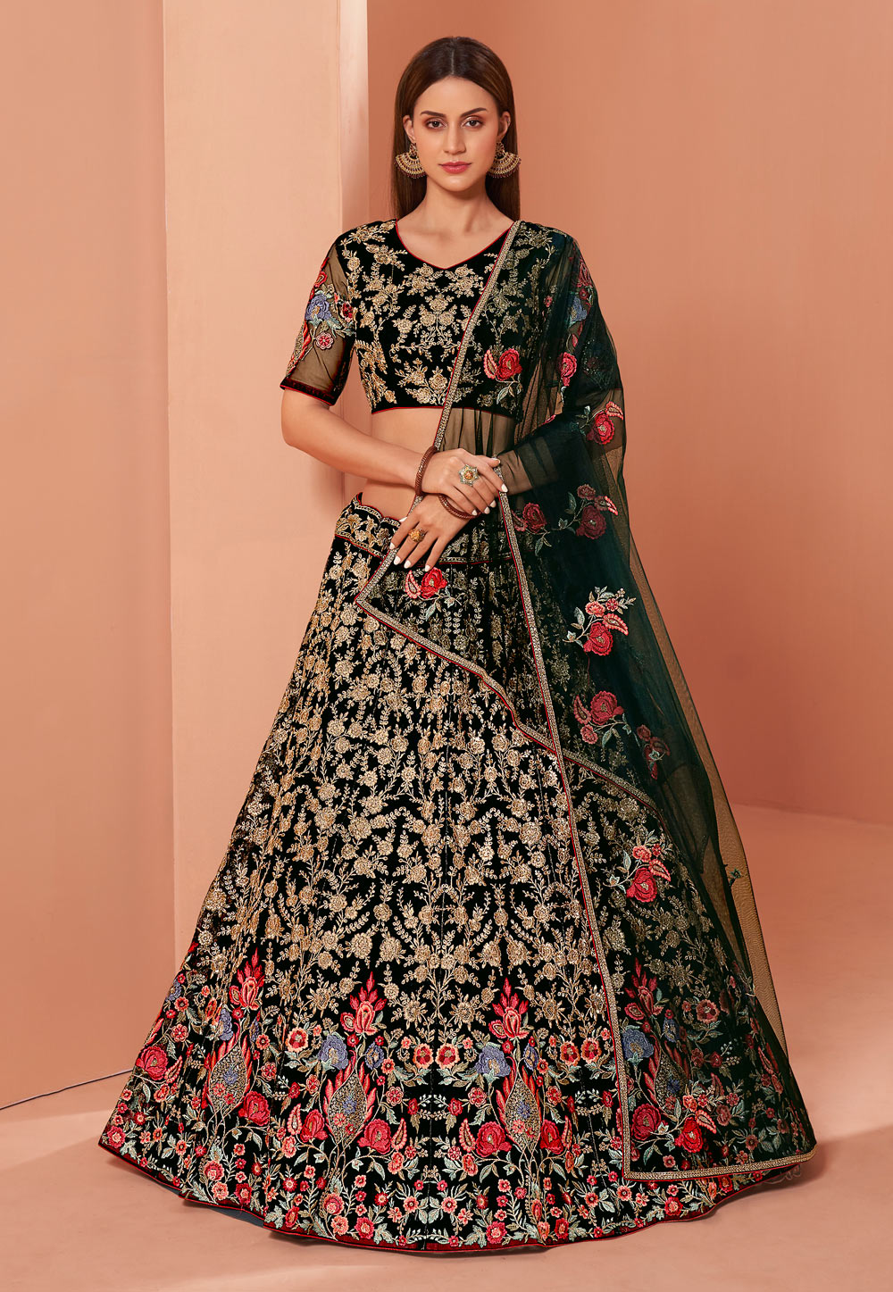 Green Net Embroidered Lehenga Choli 234374