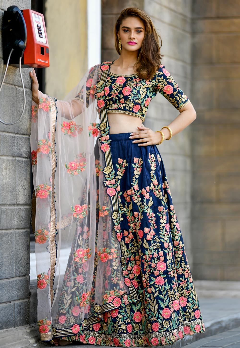 Navy Blue Silk A Line Lehenga Choli 153894