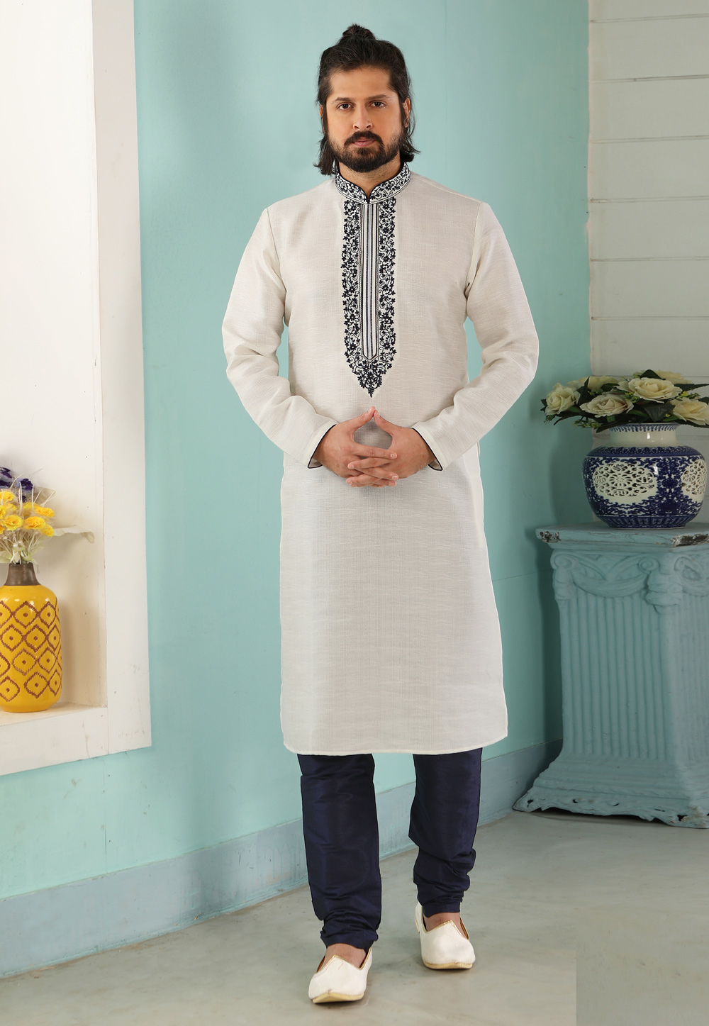 Off White Art Silk Kurta Pajama 222389