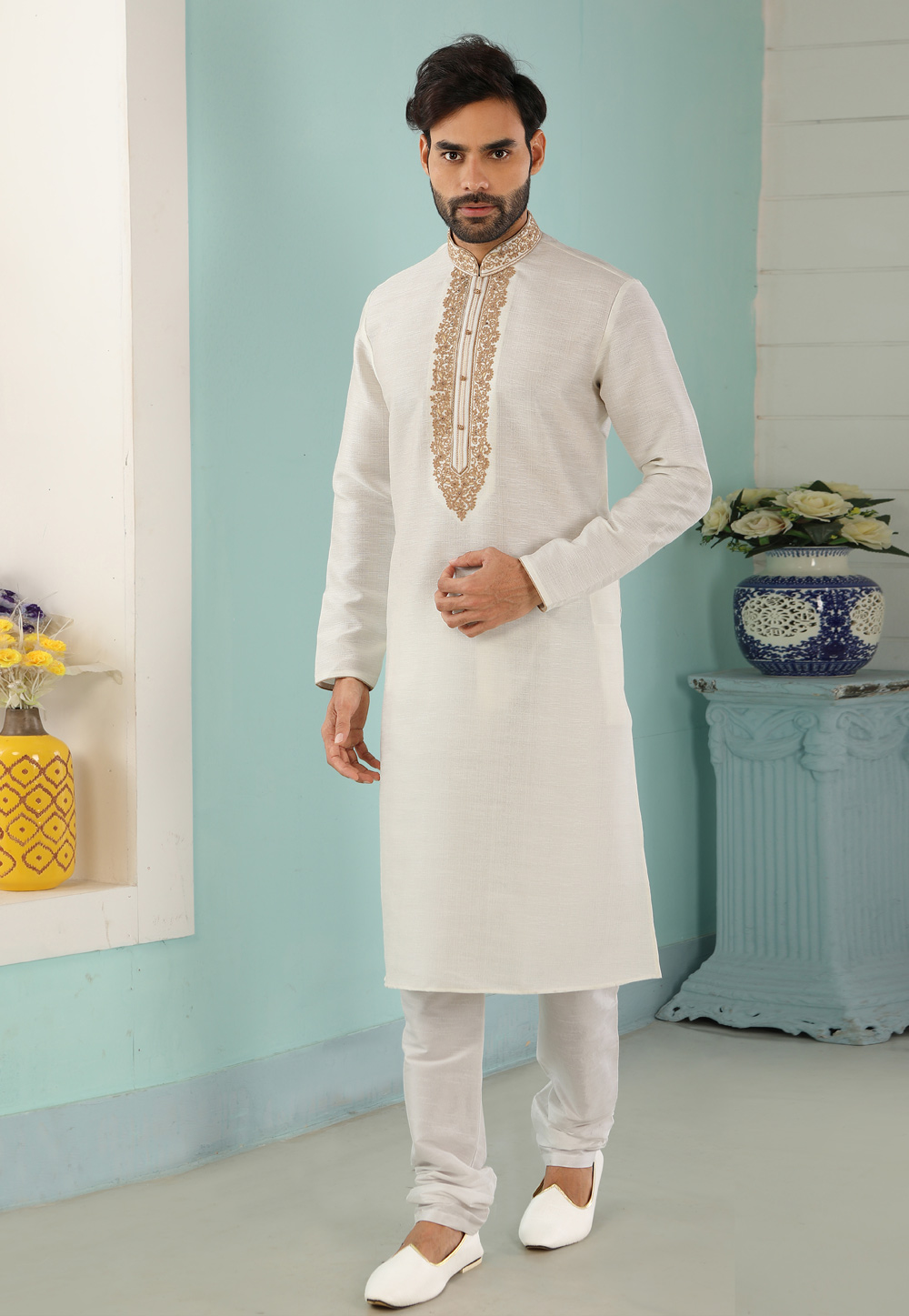 Off White Art Silk Kurta Pajama 222390