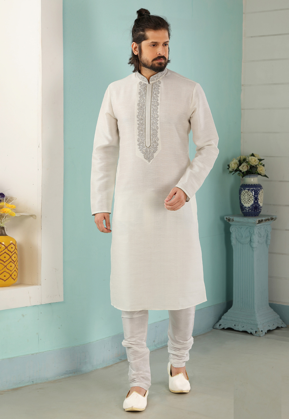 Off White Art Silk Kurta Pajama 222391
