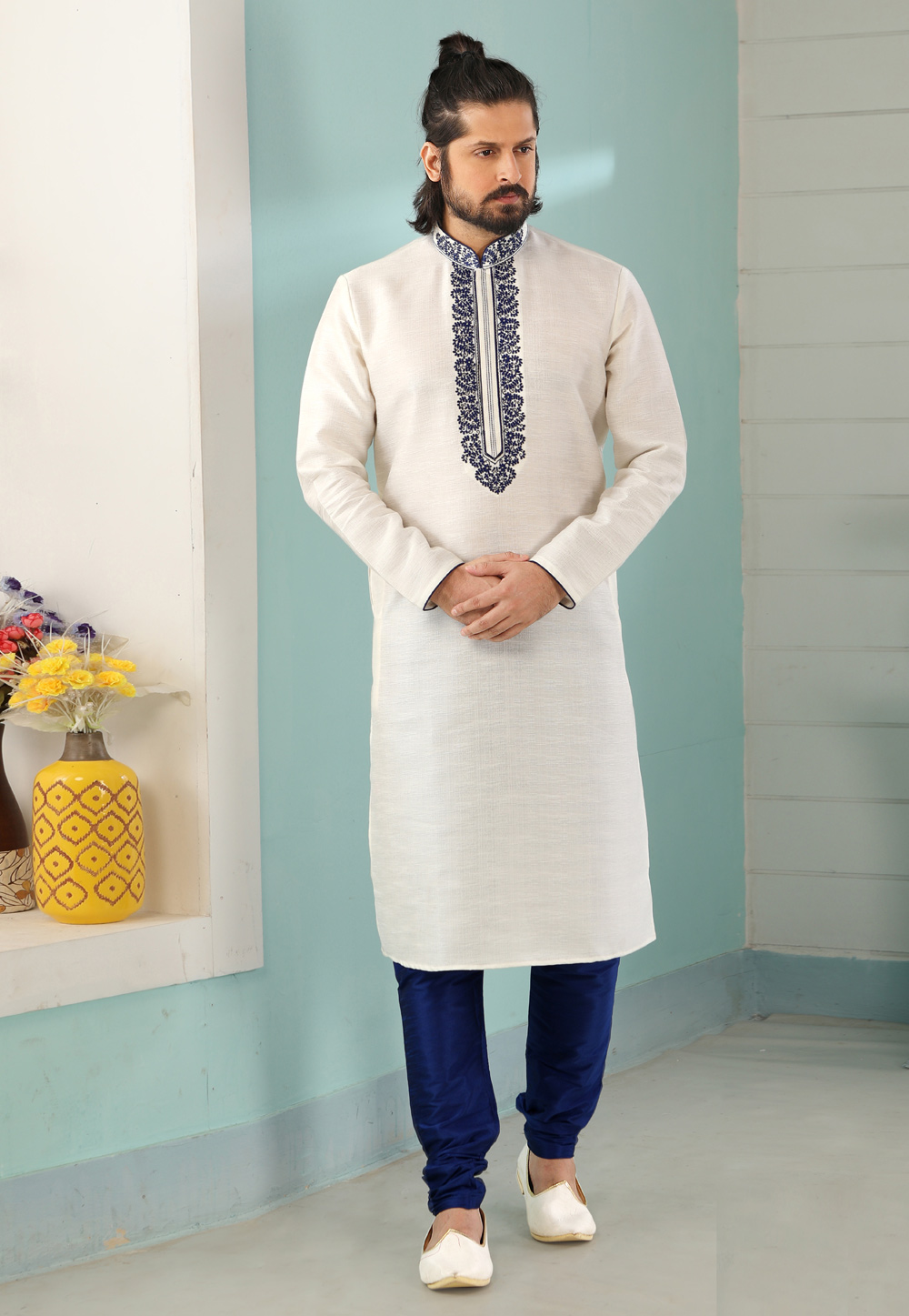 Off White Art Silk Kurta Pajama 222392