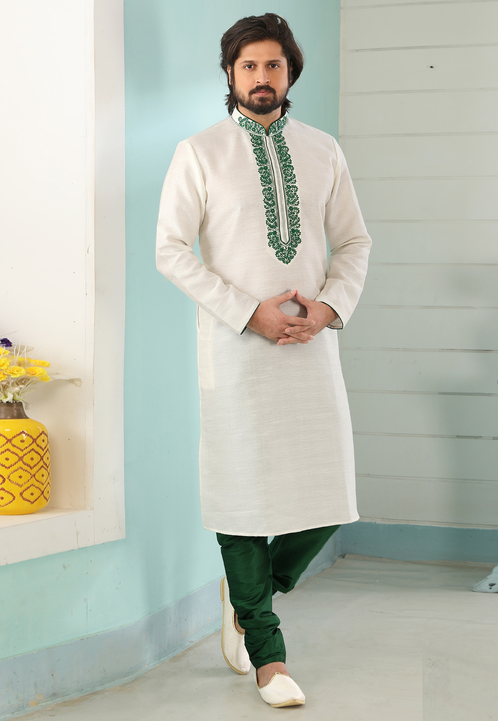 Off White Art Silk Kurta Pajama 222393