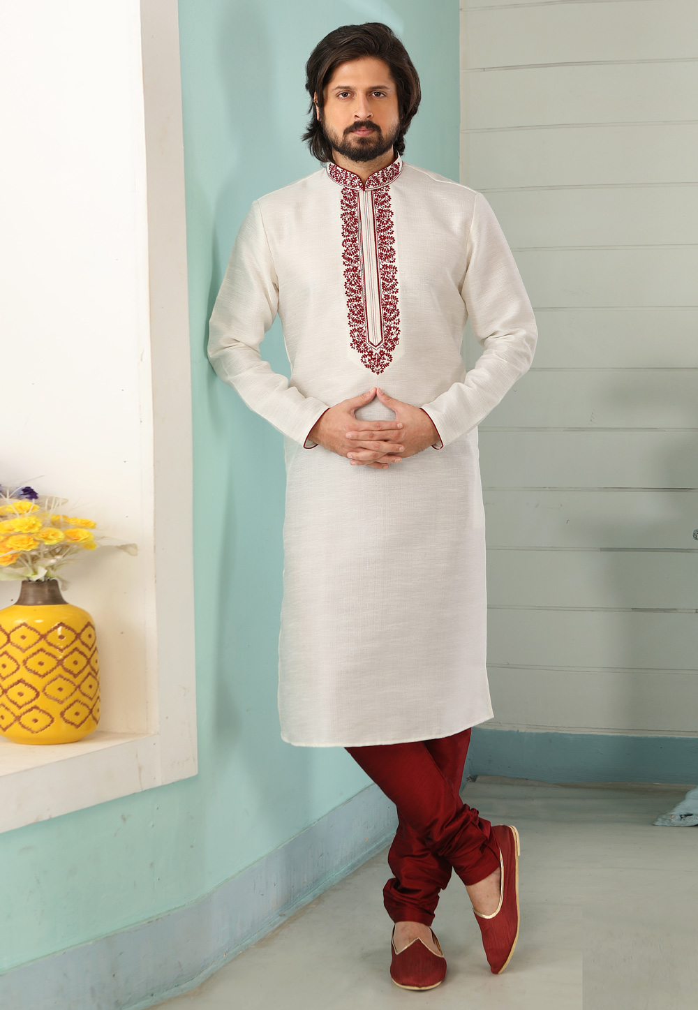 Off White Art Silk Kurta Pajama 222394