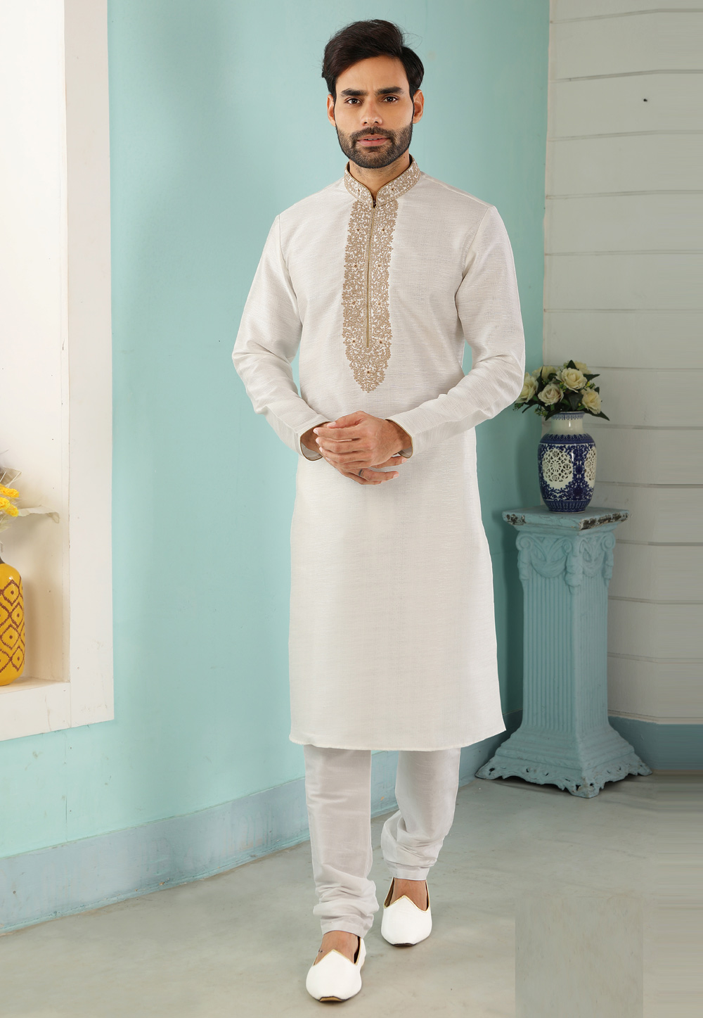 Off White Art Silk Kurta Pajama 222395