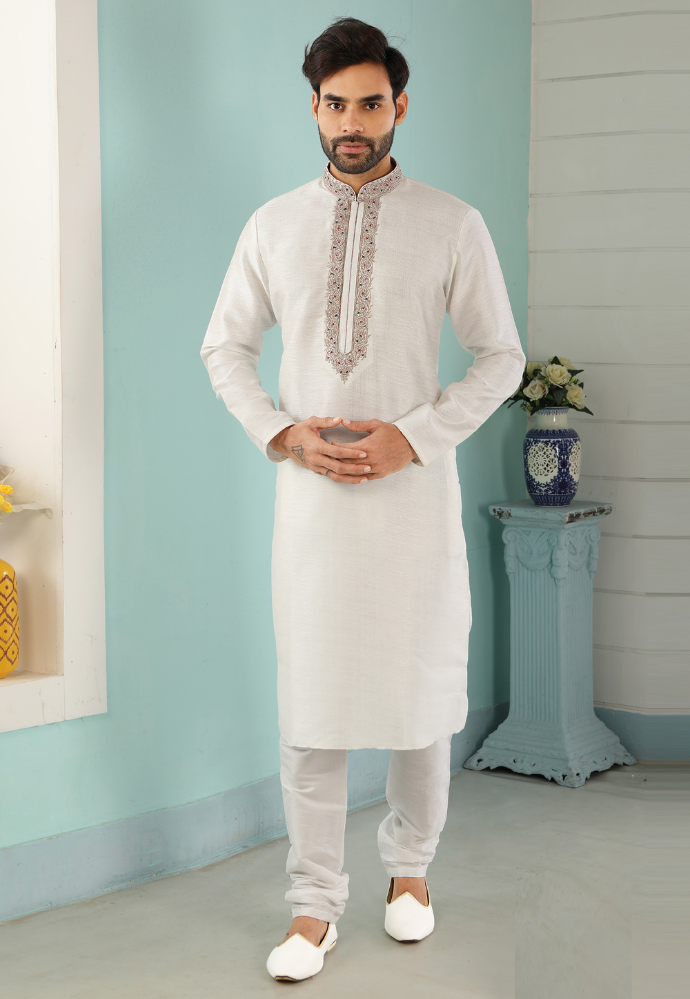 Off White Art Silk Kurta Pajama 222396