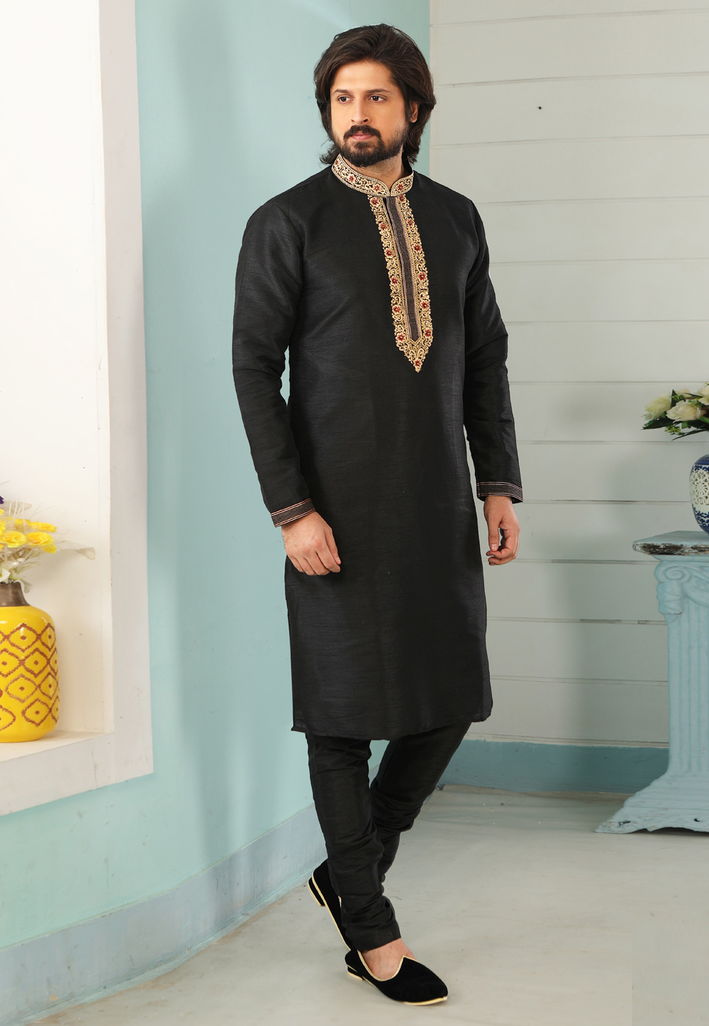 Black Art Silk Kurta Pajama 222397