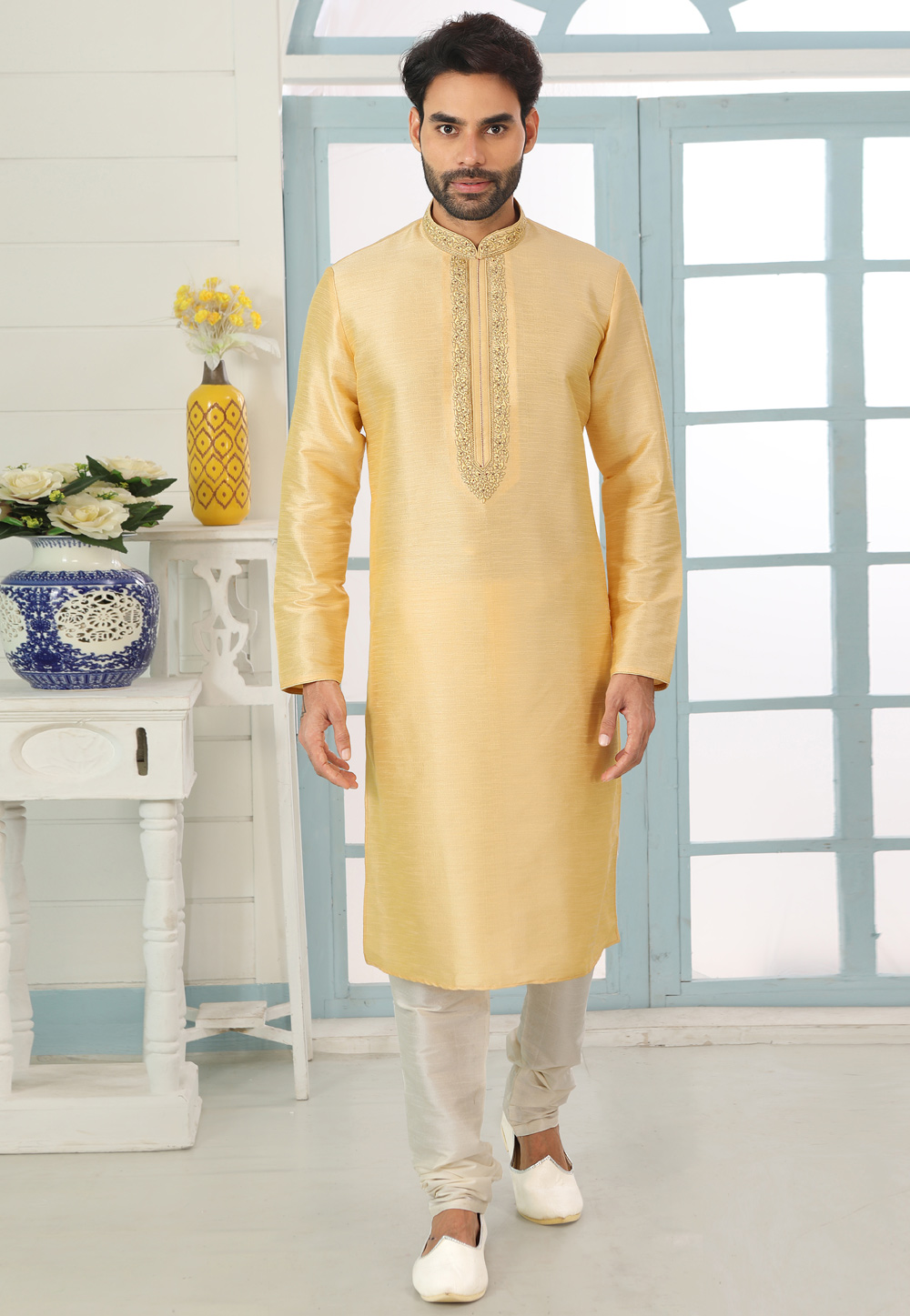 Golden Art Silk Kurta Pajama 222403