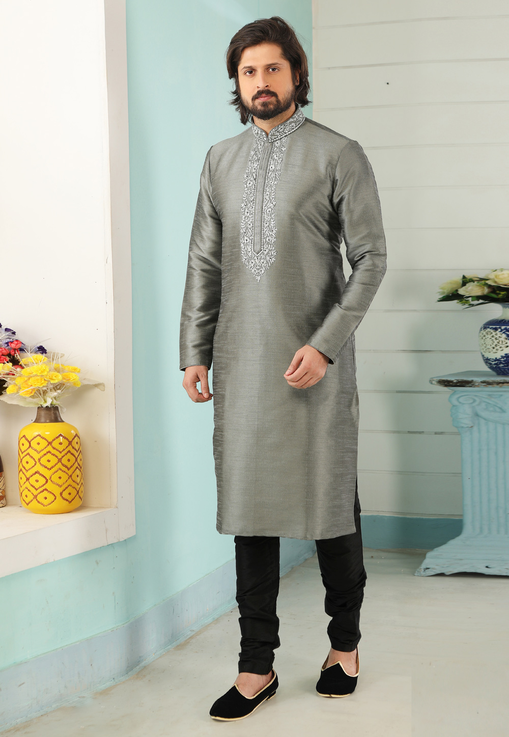 Grey Art Silk Kurta Pajama 222408