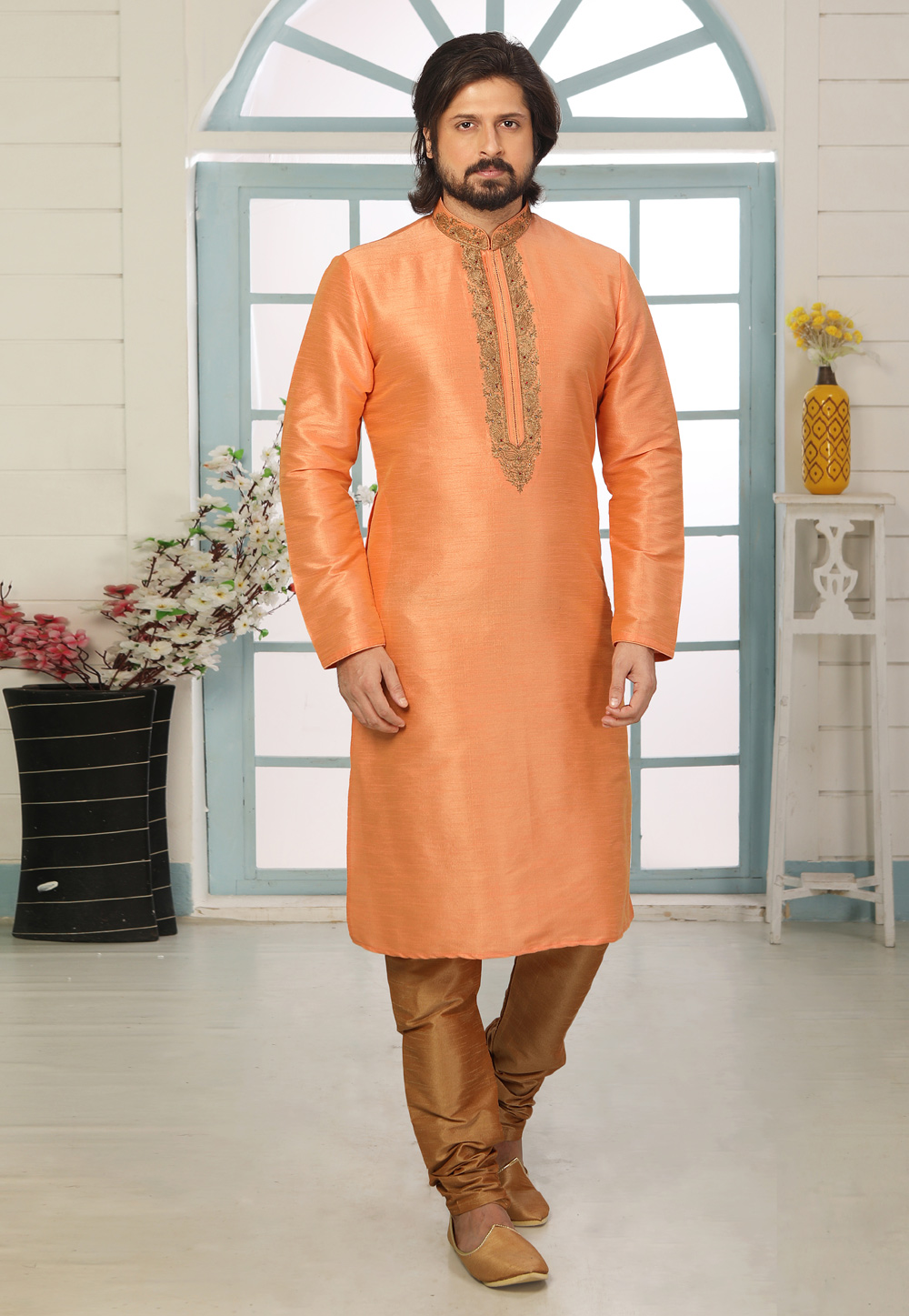 Peach Art Silk Kurta Pajama 222409