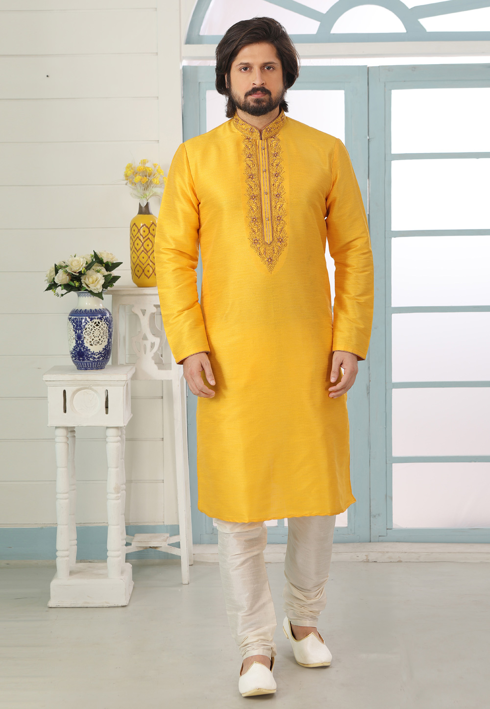 Yellow Art Silk Kurta Pajama 222411