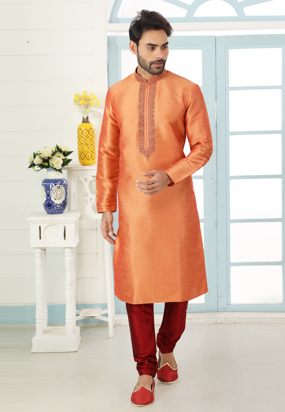 Peach Art Silk Kurta Pajama 222422