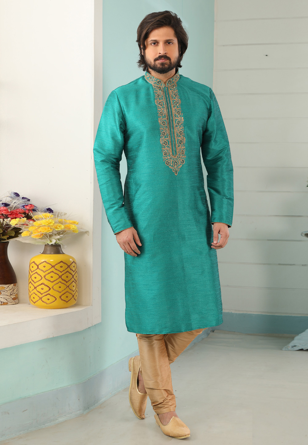 Turquoise Art Silk Kurta Pajama 222432