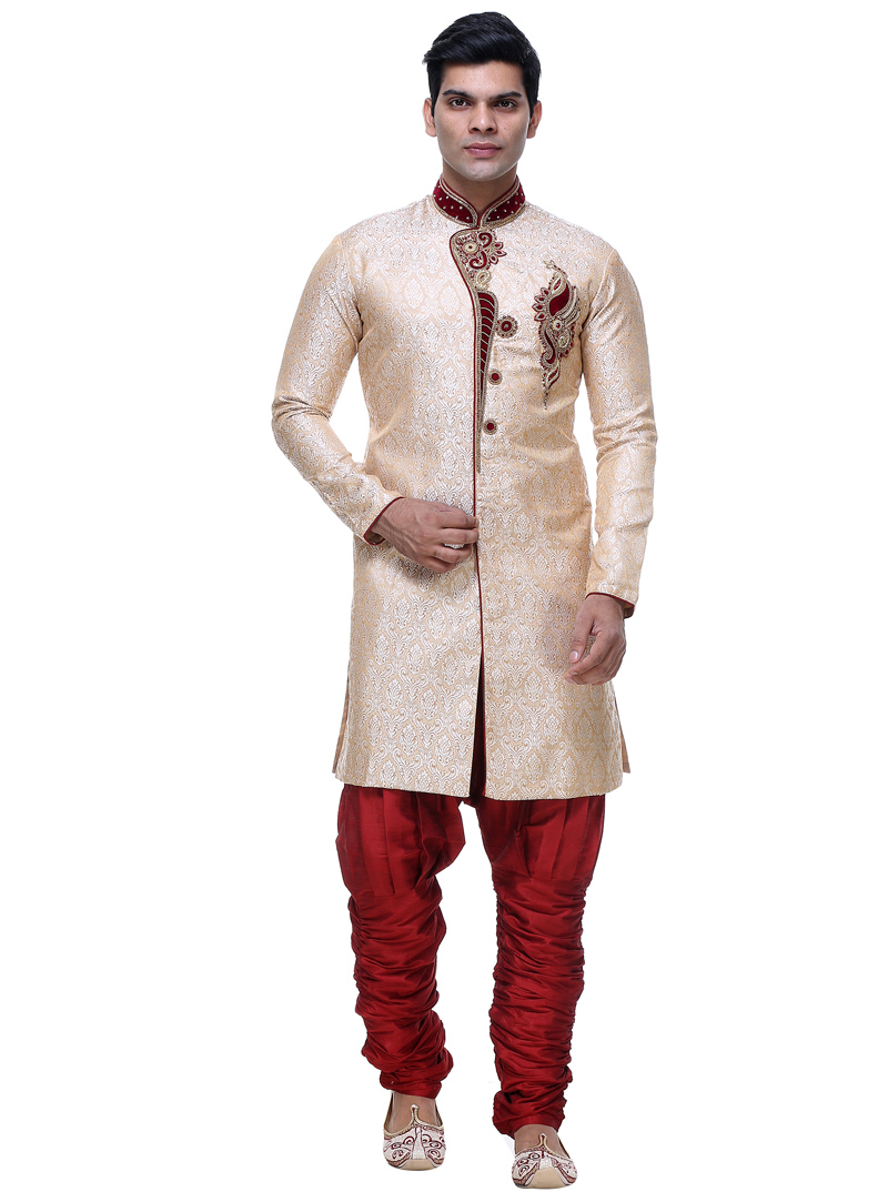 Off White Brocade Semi Indo Western Sherwani 92853