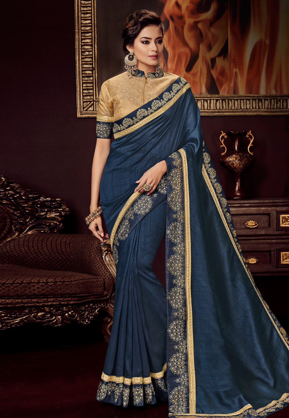Navy Blue Silk Party Wear Saree 161719
