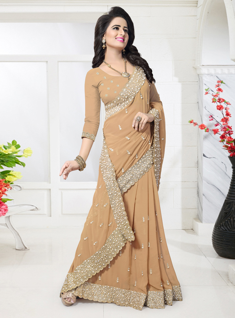 Light Brown Georgette Moti Work Saree 117205