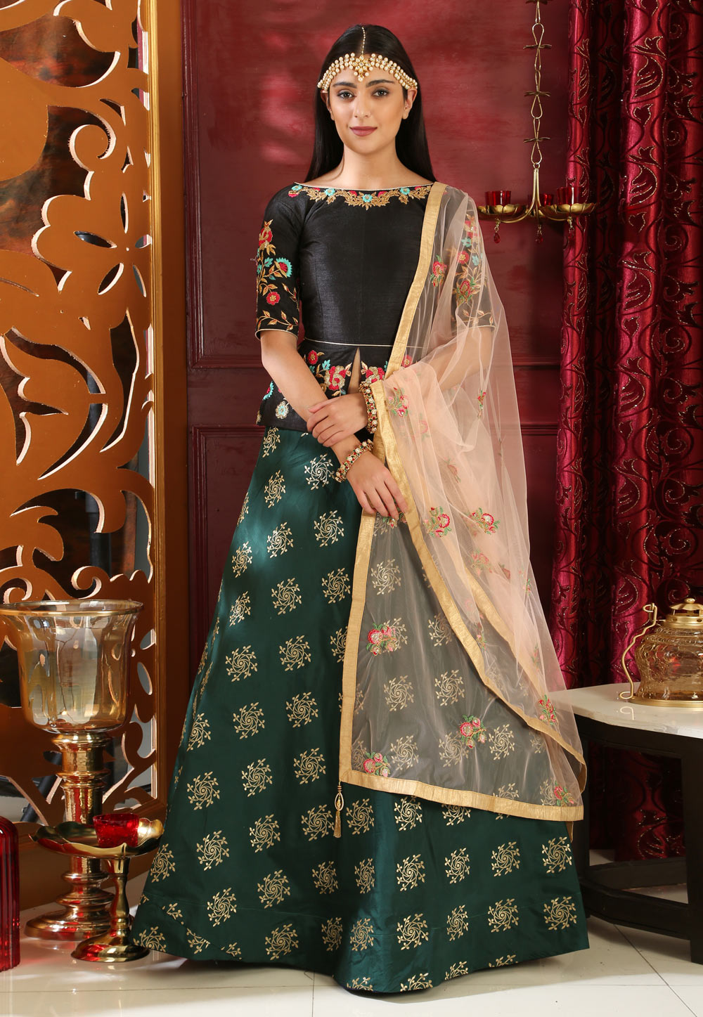 Green Jacquard Lehenga and Black Peplum 157463